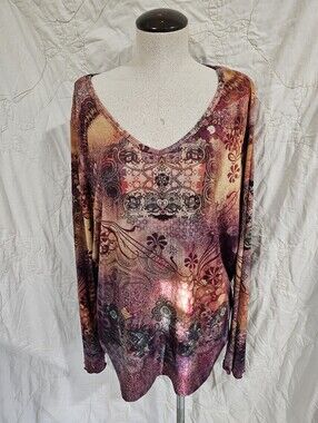NWT Xcit u.s.a Women's Long Sleeve V-Neck Printed Top 1X